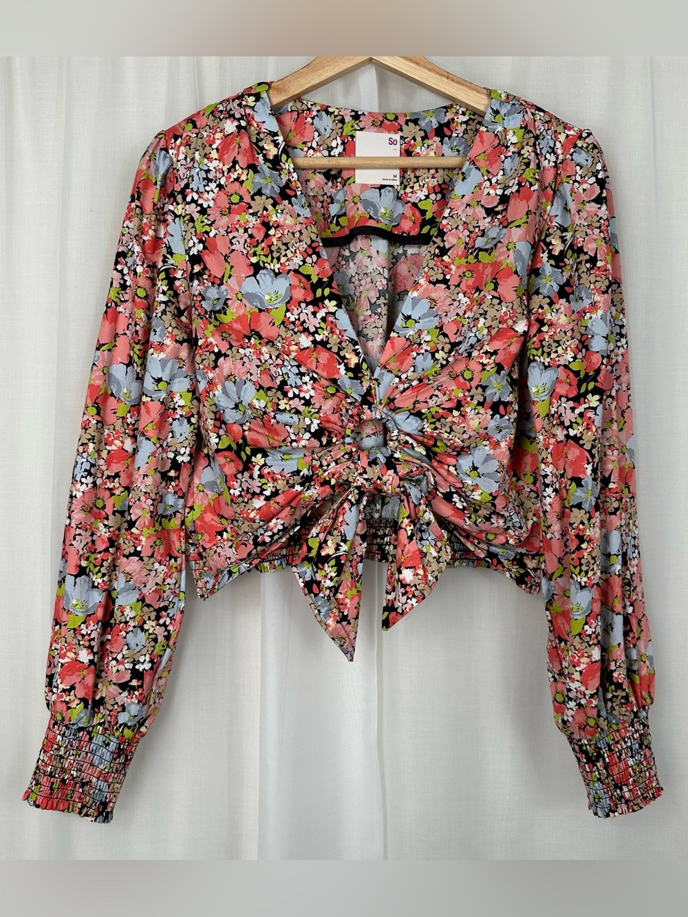 SO Floral Crop Top Long Puff‎ Sleeve V Neck O-Ring Bow Pink Black Smocked Size M